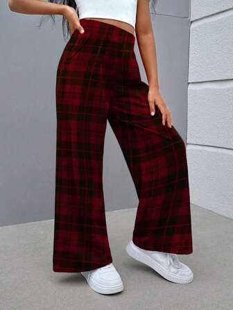 1 件女孩和青少年休闲户外运动宽松格子直筒裤，百搭，春秋冬