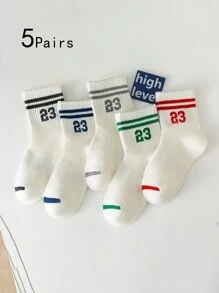 5 Pairs Children's Two Stripe Number 23 Pattern Mid-Calf Socks, Suitable For Casual Shoes - Multicolor - View 6