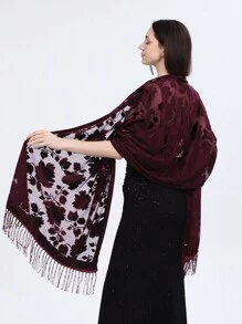 1件装女士酒红色叶子图案手工蕾丝边天鹅绒流苏围巾，时尚百搭新款派对披肩，保暖优雅 - 酒紅色 - 查看 2