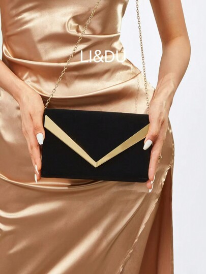 European And American Style Chain Crossbody Bag With Metal V Design, Suitable For Evening Party, Wedding, And Prom