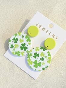 1 par de pendientes de fiesta con estampado de trébol para el Día de San Patricio para mujeres, de textura cerámica, adecuados para primavera y verano