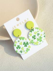 1 par de pendientes de fiesta con estampado de trébol para el Día de San Patricio para mujeres, de textura cerámica, adecuados para primavera y verano