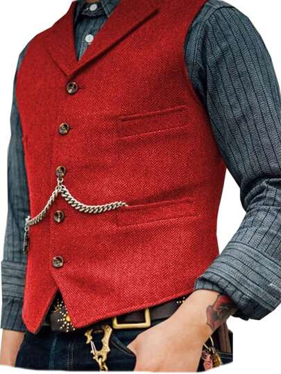 Men's Herringbone Wool Tweed Suit Vest, Vintage Lapel V-Neck Single Breasted Waistcoat With Four Pockets