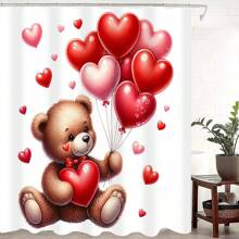 1 件情人节熊心气球图案浴帘、带挂钩的房间窗帘、防滑浴垫浴室套装、礼物 - 彩色 - 查看 6