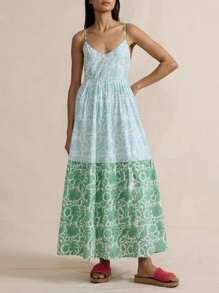 Women Cami Dress Plaid/Print V-Neck Spaghetti Straps Sleeveless Backless A-Line Dress Long Dress