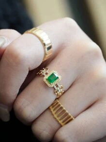 1pc S925 Silver Chain Ring For Women, Green Geometric Hollow Design, Fashionable Minimalist Luxury Ring Suitable For Daily Wear And Holidays