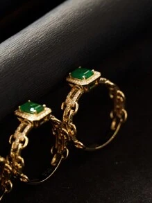 1pc S925 Silver Chain Ring For Women, Green Geometric Hollow Design, Fashionable Minimalist Luxury Ring Suitable For Daily Wear And Holidays