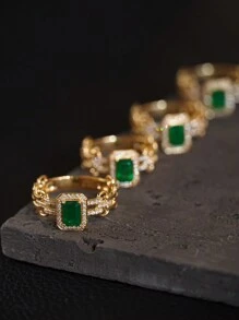 1pc S925 Silver Chain Ring For Women, Green Geometric Hollow Design, Fashionable Minimalist Luxury Ring Suitable For Daily Wear And Holidays