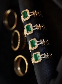 1pc S925 Silver Chain Ring For Women, Green Geometric Hollow Design, Fashionable Minimalist Luxury Ring Suitable For Daily Wear And Holidays