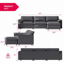 Modern Linen Convertible 3 Seater L-Shaped Cloud Sofa With Storage Ottoman,Deep Seat - Dark Grey - View 4