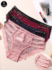4pcs Sexy Letter Embroidery Hollow Out Lace Panties For Women