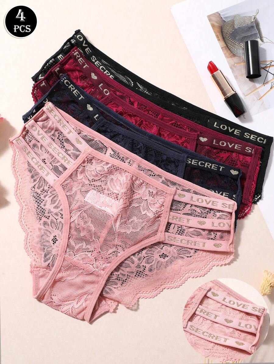 4pcs Sexy Letter Embroidery Hollow Out Lace Panties For Women