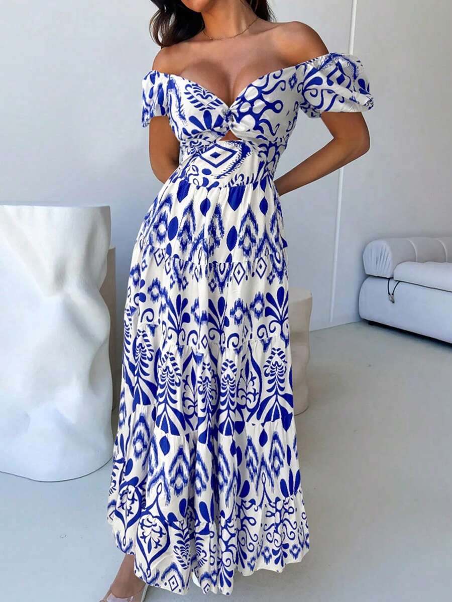 泡泡袖花卉印花露背收腰修身连衣裙，优雅女士长裙