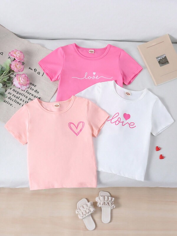 3 pezzi magliette a maniche corte casual estive, aderenti, con stampe di cuori e lettere, dal design unico e versatile, adatte per ragazze