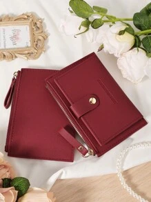 Cartera pequeña de mujer con cierre de cremallera, estilo billetera plegable delgada y ligera, de varios capas, con bolsillo para tarjetas de identificación, dinero y tarjetas de crédito, en color burdeos, rojo cereza, tinto, de estilo minimalista y moderno para regalo de aniversario, Navidad, San Valentín, cumpleaños, pareja, chica, señora, para la escuela o la universidad
