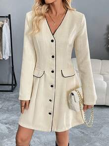 Women's Apricot Long Sleeve Short Dress, Bust Design Fitted, X-Shaped Cut, Suitable For Daily Wear, Dates And Gatherings, Autumn/Winter - Light Apricot - View 5