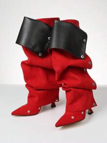 Fashion Women's Pleated Knee High Boots Pointed Toe Stiletto High Heel Detachable Snap-Off Shoes For Women Sexy Party Dressy Jean Fold Boots - 紅色 - 查看 6