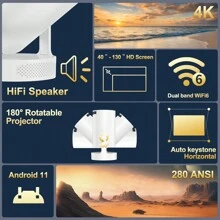 VELEC HY300 Pro HIFI Proiettore con altoparlante Android 11 Dual Wifi6 280ANSI Allwinner H713 BT5.0 1280*720P 4K aggiornamento Proiettore audio per film