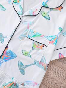 2pcs Wine Print Sleepwear Set For Women, Short Sleeve Shirt With Lapel Collar And Button, Loose Elastic Shorts, Can Be Worn Outside, Suitable For Holiday Party, Beautiful For Home, Casual, All Season Outdoor Loungewear, Two Pieces Set - White - View 5