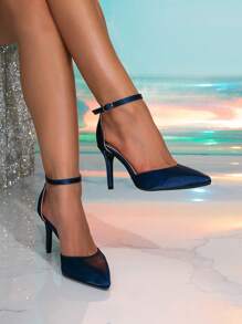 Women's High Heel Pumps, Navy Blue Pointed Toe Hollow High Heels, Blue Satin Material Shoes, Red Wedding Shoes, Navy Blue Women's Shoes High Heels, Satin Material High Heels, Navy Blue Women's Shoes Pointed Toe Stiletto High Heels, Satin Women's Shoes, Formal Event High Heels, Bright Color High Heels, Work Pumps, Christmas Party High Heels, Holiday Party Formal Dress Shoes - Royal Blue - View 3