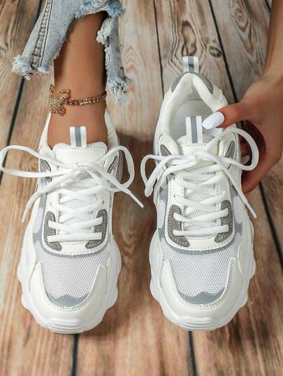 Fall/Winter Women's White And Grey Versatile, Fresh, Breathable, Fashionable, Retro, High Street, Commuting, Athletic, Campus Casual Sneakers With Reflective Materials, Thick Wedge Platform Increase Height, Durable, Shock-Absorbing, Suitable For Daily Wear, Vacation Travel