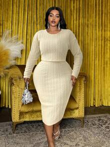 BIUBIU Plus Sze 长袖上衣和裙子套装，休闲家居和户外服装 - 淺杏色 - 查看 1