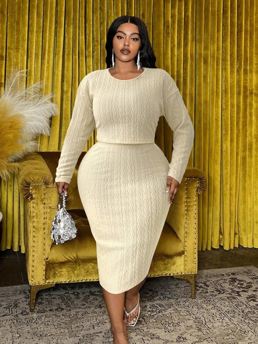 BIUBIU Plus Sze 长袖上衣和裙子套装，休闲家居和户外服装 - 淺杏色 - 查看 1