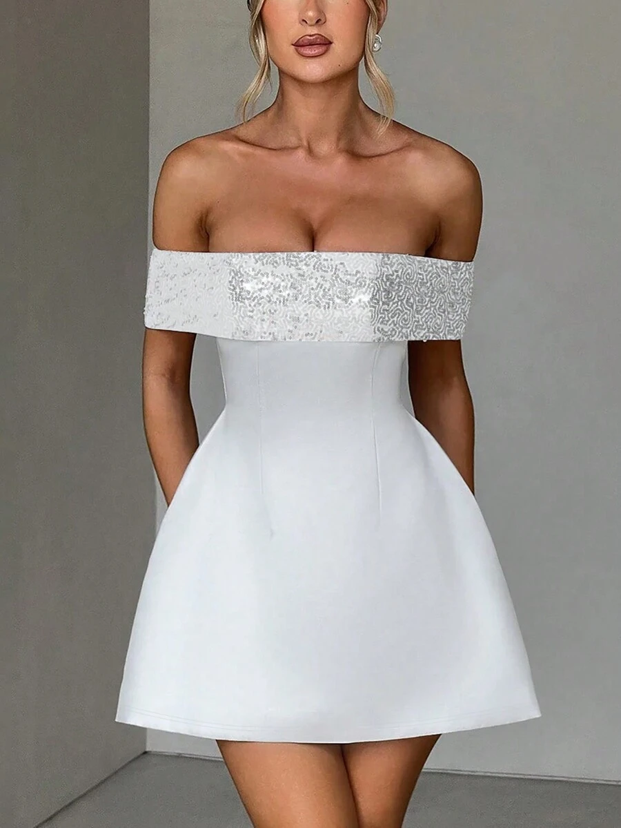 Women Sequins Off Shoulder A Line Mini Dress Party Elegant Prom Dress, Wedding Guest Dress - White - View 1