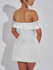 Women Sequins Off Shoulder A Line Mini Dress Party Elegant Prom Dress, Wedding Guest Dress - White - View 4