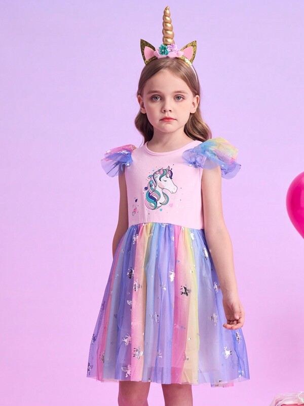 BTDREAM Vestido de menina unicórnio estampa de desenho animado infantil verão escola roupas casuais manga flare vestidos para meninas coloridas malha tule patchwork vestido de princesa infantil