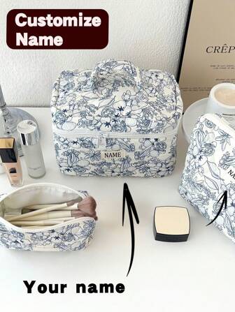 3 Piezas/Set Personaliza tu propio nombre Bolsa con cremallera acolchada Bolsa de maquillaje Super suave, de moda casual y elegante Bolsa de maquillaje portátil, multifuncional, de gran capacidad y almacenamiento, bolsa de viaje para mujeres, caramelos, enfermeras, estudiantes, regalo personalizado para fiestas de soltera, damas de honor, boda en la playa, versátil, de gran capacidad, funcional