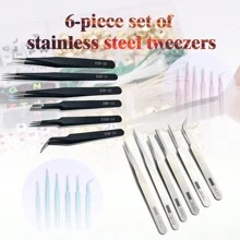 6 Pcs Stainless Steel ESD Precision Tweezers, Multipurpose Fine Tip Bent Tweezers Anti-Static Tweezers For Phone Repair, Eyelash Extension, Nail Art, DIY Small Items Picking, Tools For Men