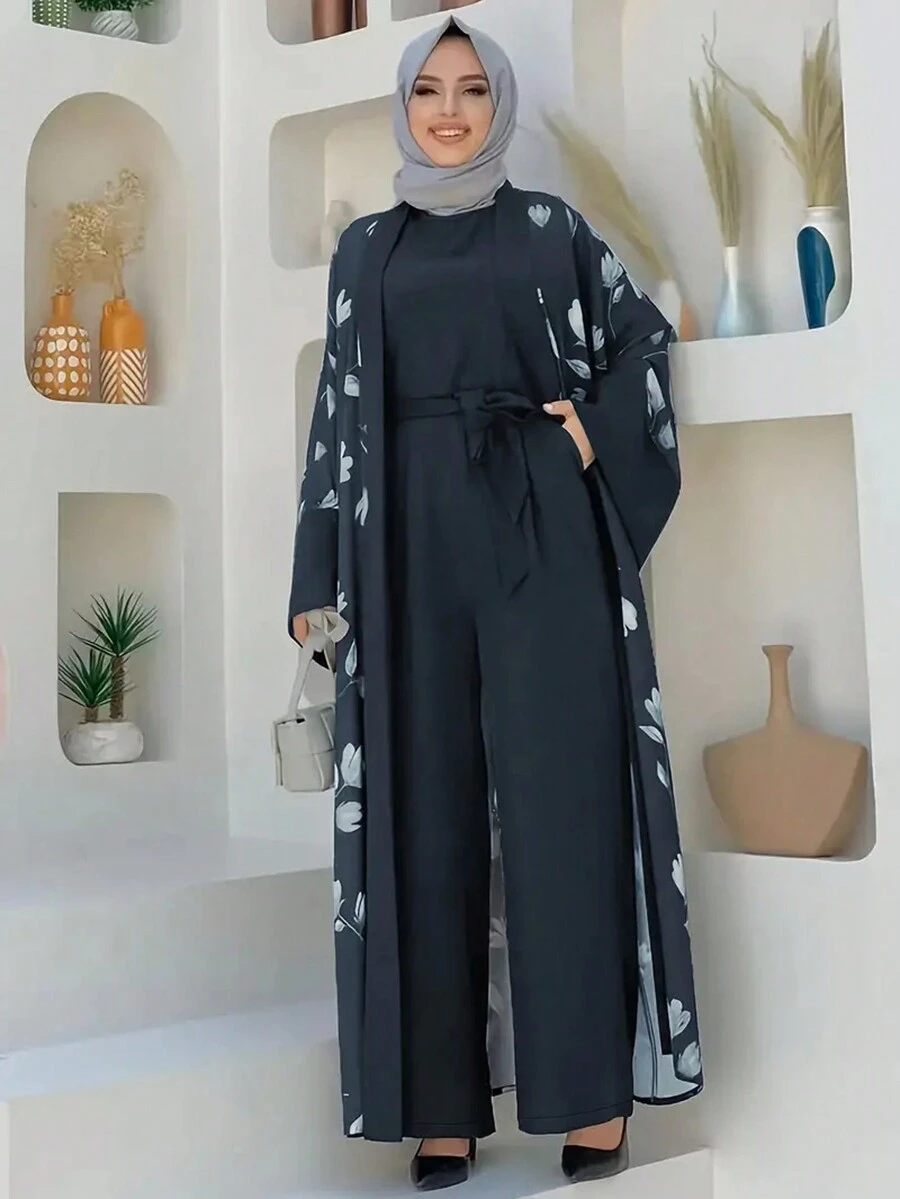 Women's Long Sleeve Front Tie Floral Print Maxi Arab Style Abaya, Modest Robe - Blue - View 1