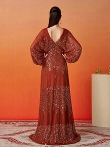 V-Neck Lantern Sleeve Sequin Evening Gown, Party Dress, Wedding Guest Dress, Formal Dress, Evening Dress Spring Vacation - Rust Brown - View 3