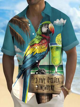 大码男式鹦鹉和“现在是下午 5 点”印花夏威夷纽扣短袖衬衫