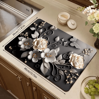 1 件 3D 花卉图案吸水垫，厨房台面柔软硅胶防滑速干垫，咖啡机碗碟干燥垫，洗衣机垫，家居必备品