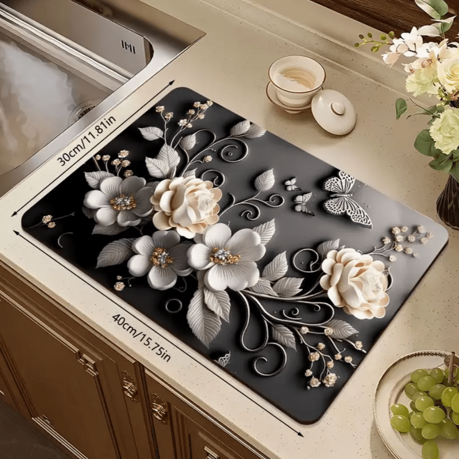 1 pieza Almohadilla absorbente con patrón floral 3D, felpudo de silicona suave antideslizante y de secado rápido para encimera de cocina, almohadilla de secado para máquina de café, felpudo para lavadora, artículo esencial del hogar