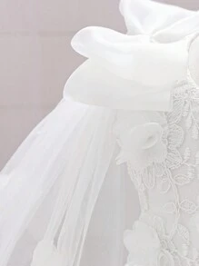 Robe de princesse en maille avec nœud & fleur pour bébé fille, convient pour fête & demoiselle d'honneur, motif de tissu aléatoire, bandeau non inclus - Blanc - Voir 6