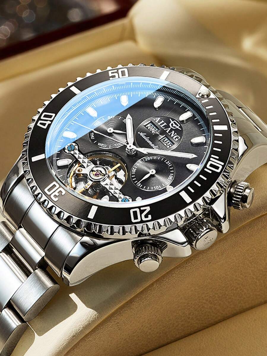 MUKUO 1pc Green & Black Monster Series Perpetual Calendar Automatic Mechanical Men's Waterproof Luminous Wristwatch