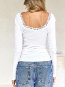 Women's Y2K Lace Trim Crew Neck Knit Long Sleeve Top, Casual & Sexy, Suitable For Back To School Season, Autumn White Spring - White - View 9