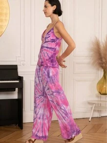 Calças largas com estampa tie-dye, bolsos, calças largas, retrô, estilo boêmio, estilo resort, leve, design simples, todos os dias, cores de verão - Rosa - Ver 6