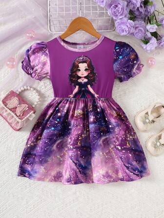 1 st Ung flicka Casual Princess Grafiskt tryck asymmetrisk fålltryckt klänning, för vår och sommar