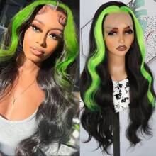 13X4 Free Part Black Green Highlights Body Wave Lace Front Wigs Pre Plucked Soft Long Wavy Hair Wigs Heat Resistant Wave Wigs Glueless Christmas Wig Long Wavy Synthetic Lace Front Wigs For Women Perfect For Daily Wear & Parties - 挑染綠色 - 查看 3