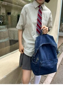 Men And Women Denim Backpack Casual Style Lightweight Jeans Backpacks Classic Retro For Work ,Travel,Daypack High-Capacity - Dark Blue - View 3