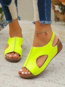 大码 36-45 夏季新款时尚简约霓虹黄 PU 圆头坡跟厚底凉鞋，女式露趾户外沙滩轻便舒适后绑带拖鞋 - 螢光黃 - 查看 3