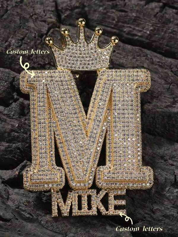 Customized Crown & Initial Letter Design Pendant, Brass With Cubic Zirconia, Hip-Hop Style, Everyday Wear Jewelry, Comes With One Rope Chain,Gold,Stylish,Colorful,Vintage,Hipster,Simple,Y2k,2000s Fashion,Custom,Personalized,Unique,Ideal Gifts For Him,Ideal Gifts For Her,Her,Boyfriend,Girlfriend,Dad,Mom,Family,Friends,For Anniversaries,For Birthdays,For Graduation,For Prom,For Party,Gold Jewelry