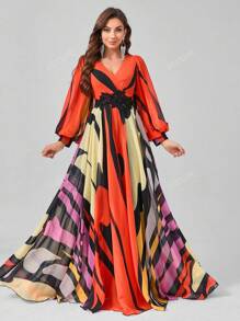 SUPGIR [Random Floral Cutout Print] V-Neck Floral Decor Lantern Sleeve Digital Watercolor Print High-Low Chiffon Party Dress