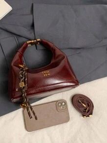Túi xách nữ Tote da rắn giả dệt màu trơn bằng da PU tối giản, phong cách đa năng - Đỏ - Xem 4