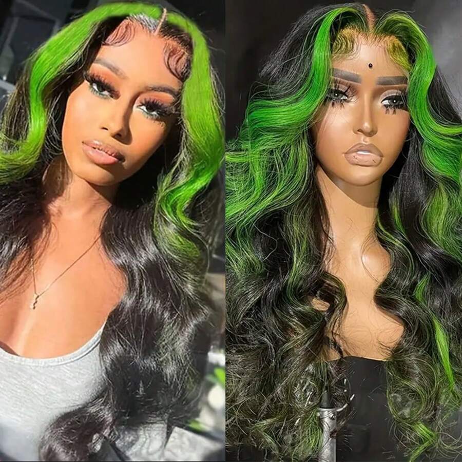 13X4 Free Part Black Green Highlights Body Wave Lace Front Wigs Pre Plucked Soft Long Wavy Hair Wigs Heat Resistant Wave Wigs Glueless Christmas Wig Long Wavy Synthetic Lace Front Wigs For Women Perfect For Daily Wear & Parties - 挑染綠色 - 查看 1