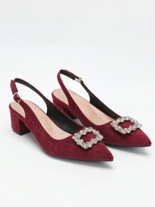 Women's New Simple Style Chunky Heel Pointed Toe Rhinestone Decor Fashion Versatile High Heels - Burgundy - View 3